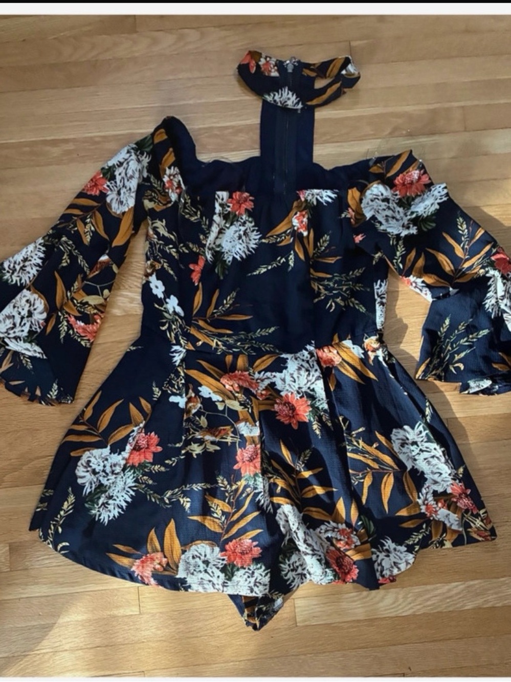 Fashion Nova Navy Floral Off-Shoulder Romper with Halter